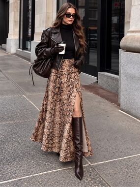 Bella Canvas Brown Snake-Print Maxi Skirt with High Side Slit